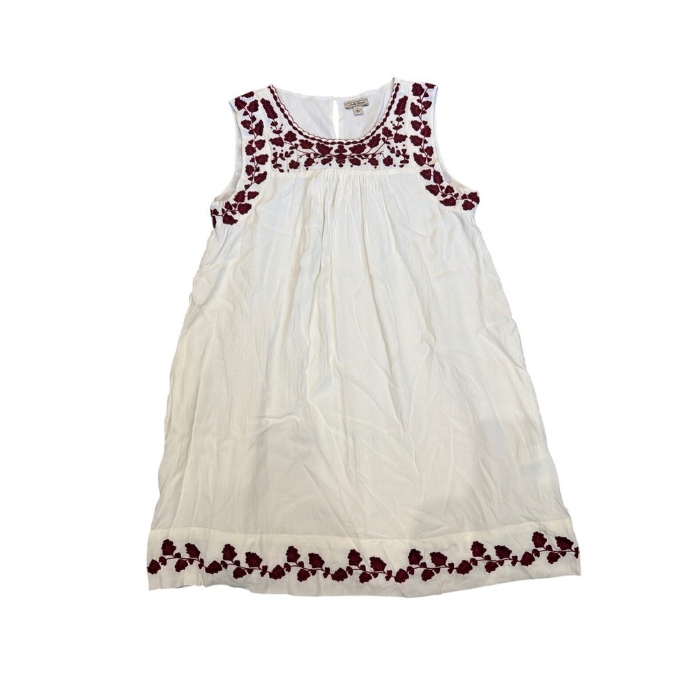 Lucky Brand White Burgundy Floral Embroidered Sleeveless Shift Dress Womens L